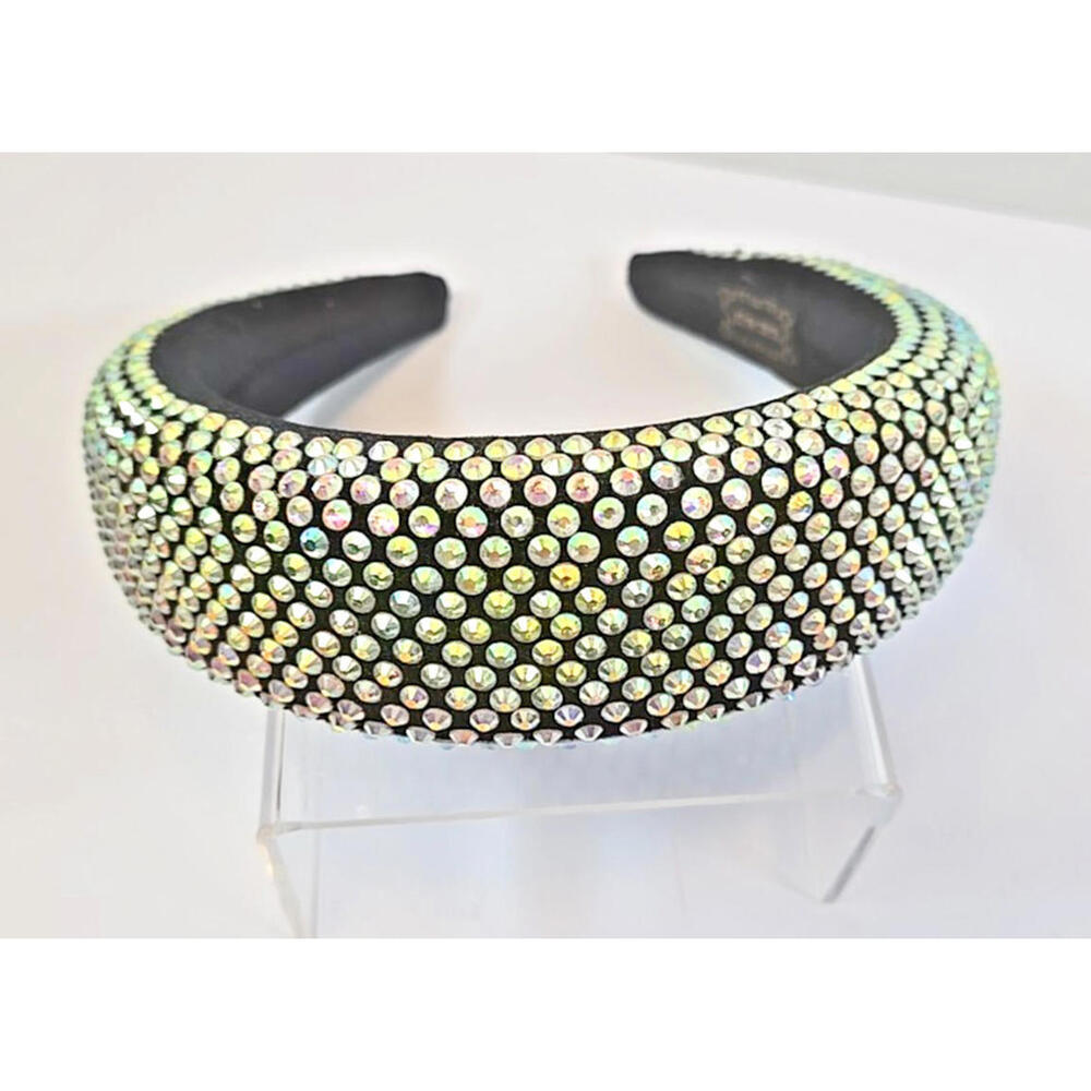 Handmade Iridescent Crystal Gemstone Headband Padded Black Background Bridal